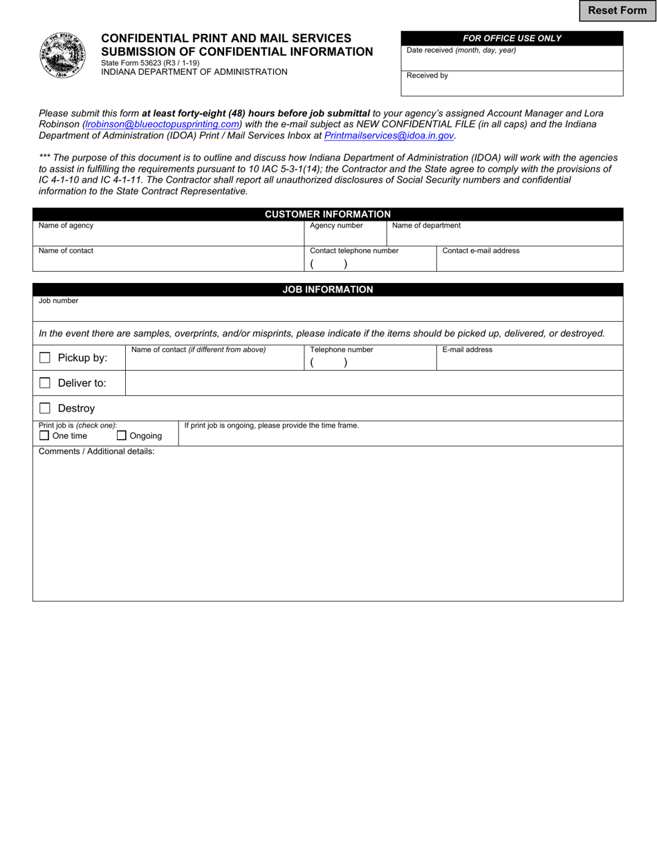 State Form 53623 Confidential Print and Mail Services Submission of Confidential Information - Indiana, Page 1