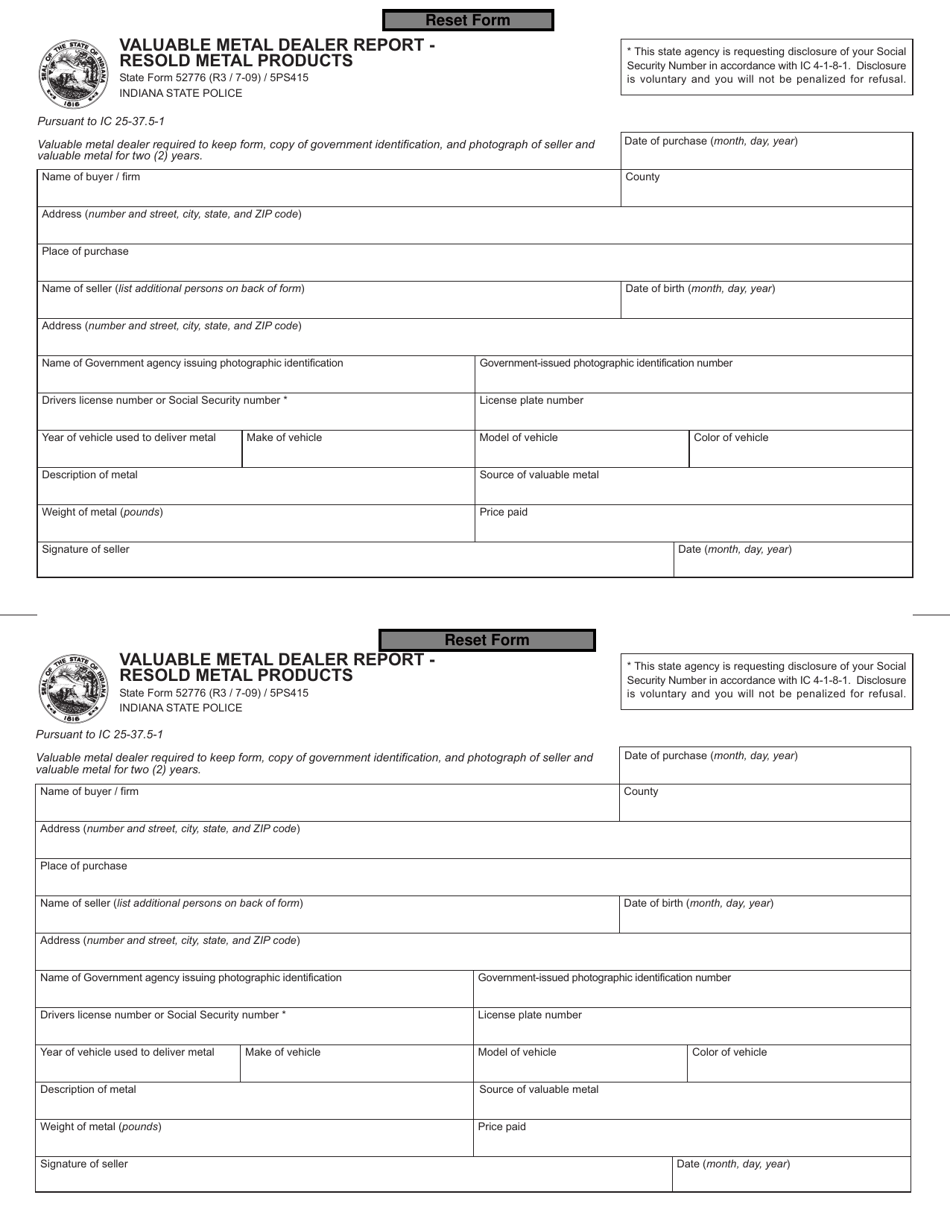 State Form 52776 (5PS415) Valuable Metal Dealer Report - Resold Metal Products - Indiana, Page 1