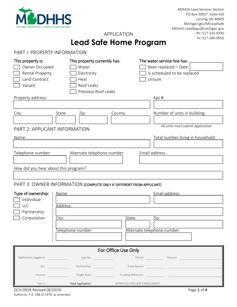 Form DCH-0928 Lead Safe Home Program Application - Michigan, Page 1