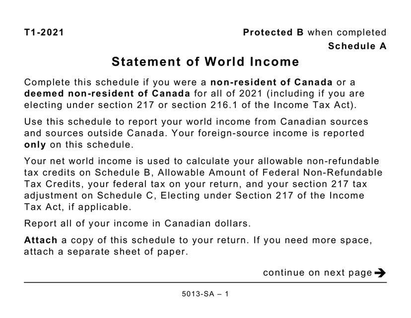 Form 5013-SA Schedule A Statement of World Income - Large Print - Canada, 2021