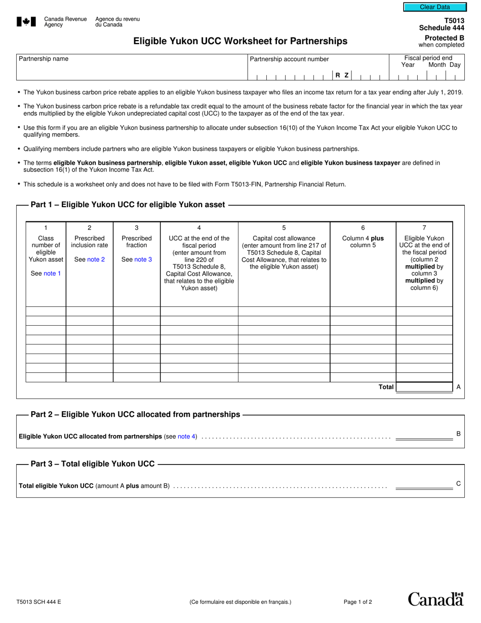 Form T5013 Schedule 444 Eligible Yukon Ucc Worksheet for Partnerships - Canada, Page 1