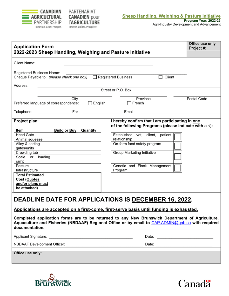 Sheep Handling, Weighing and Pasture Initiative Application Form - New Brunswick, Canada, Page 1