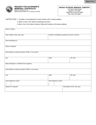 State Form 54314 &quot;Request for Governor's Memorial Certificate&quot; - Indiana