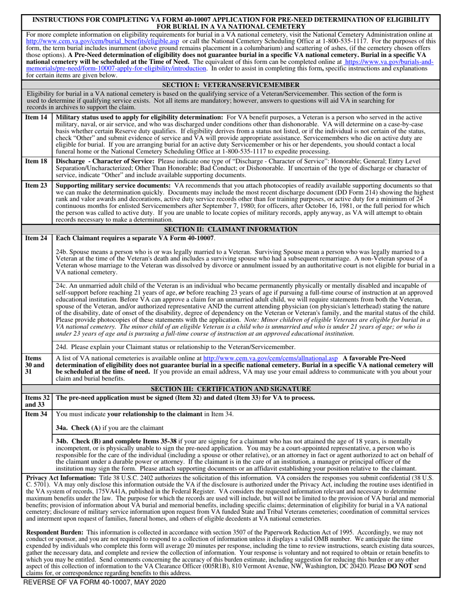 VA Form 40-10007 Application for Pre-need Determination of Eligibility for Burial in a VA National Cemetery, Page 2