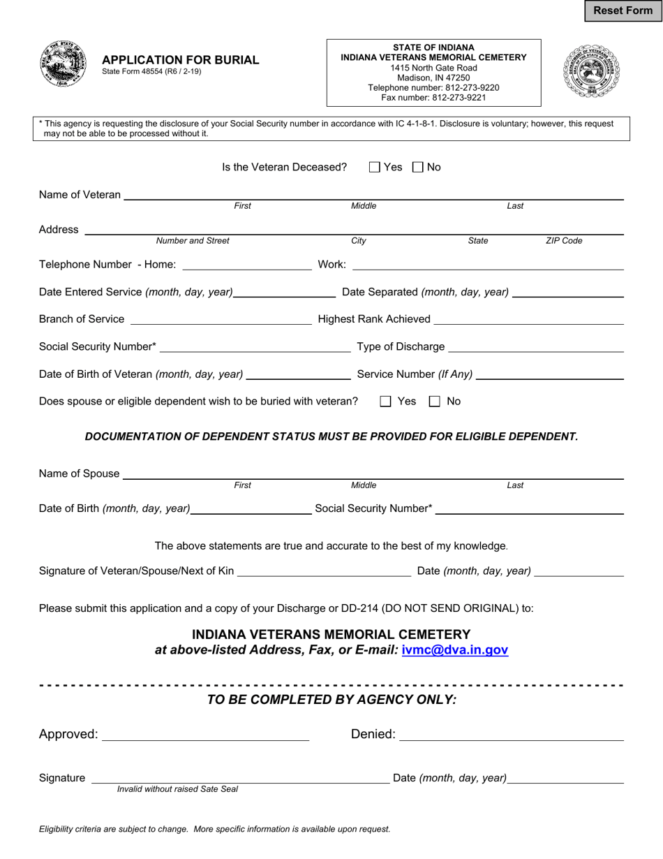 State Form 48554 Application for Burial - Indiana, Page 1