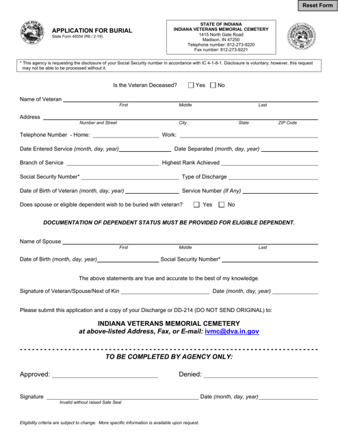 State Form 48554 Application for Burial - Indiana