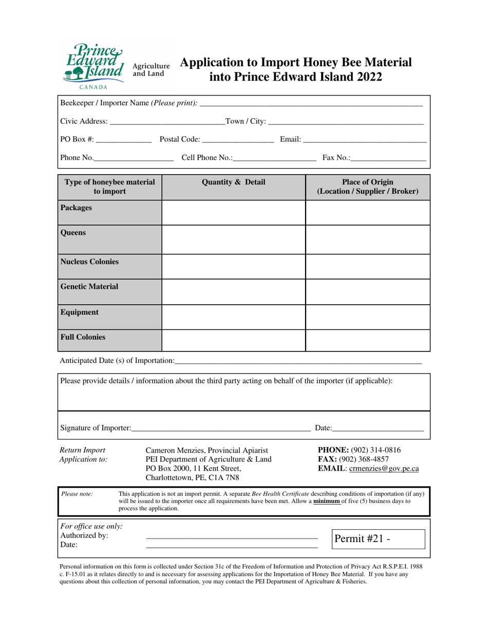 Application to Import Honey Bee Material Into Prince Edward Island - Prince Edward Island, Canada, Page 1