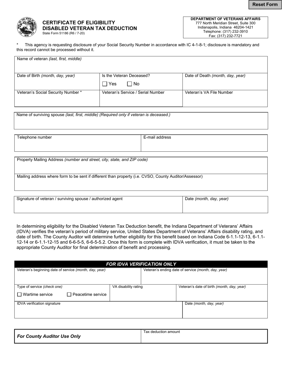State Form 51186 Certificate of Eligibility Disabled Veteran Tax Deduction - Indiana, Page 1