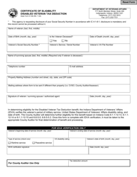 State Form 51186 &quot;Certificate of Eligibility Disabled Veteran Tax Deduction&quot; - Indiana