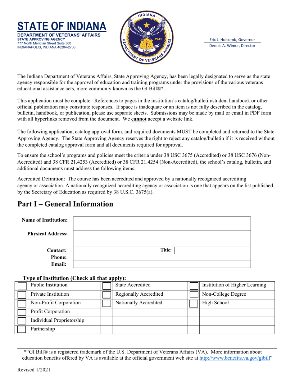 Application for New Approval - State Approving Agency - Indiana, Page 1