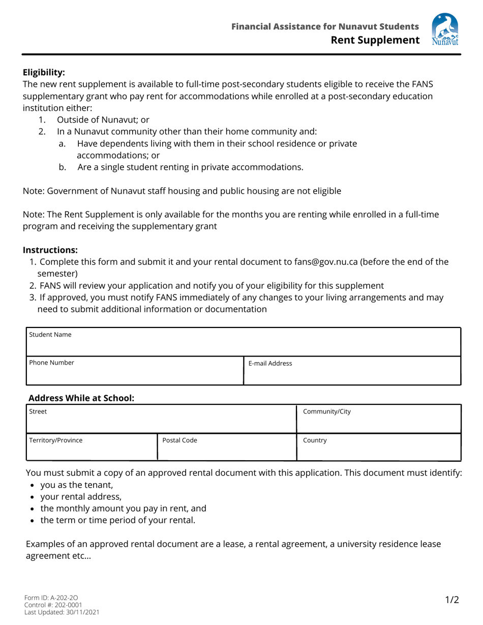 Form A-202-2O Financial Assistance for Nunavut Students Rent Supplement - Nunavut, Canada, Page 1
