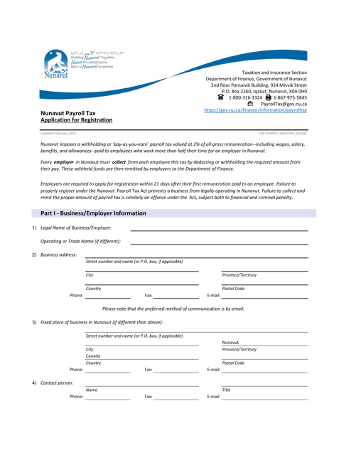 Nunavut Payroll Tax Application for Registration - Nunavut, Canada Download Pdf