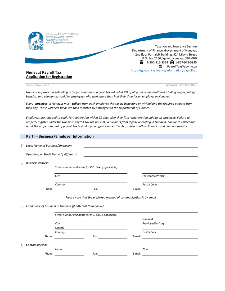 Nunavut Payroll Tax Application for Registration - Nunavut, Canada, Page 1