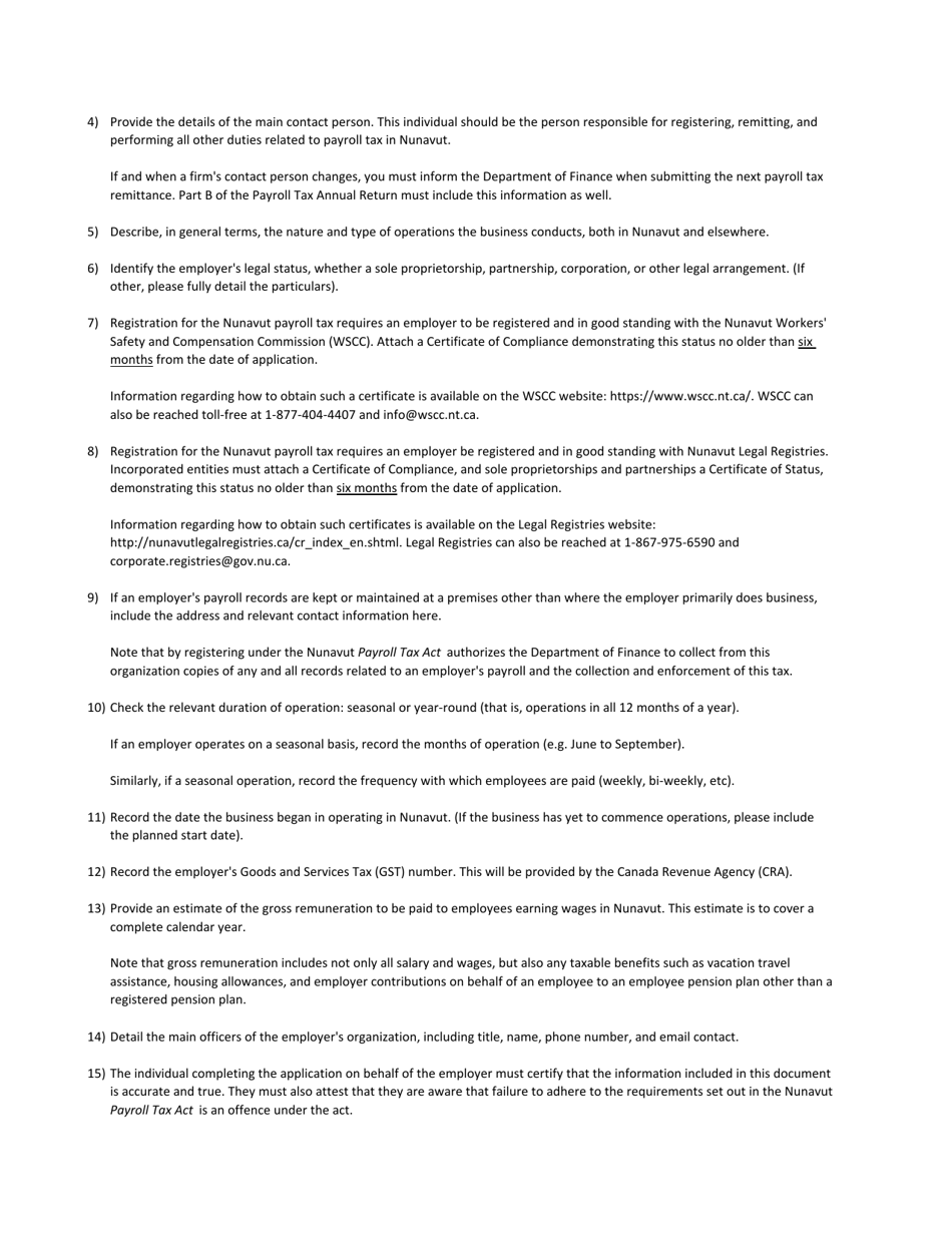 Nunavut Payroll Tax Application for Registration - Nunavut, Canada, Page 4