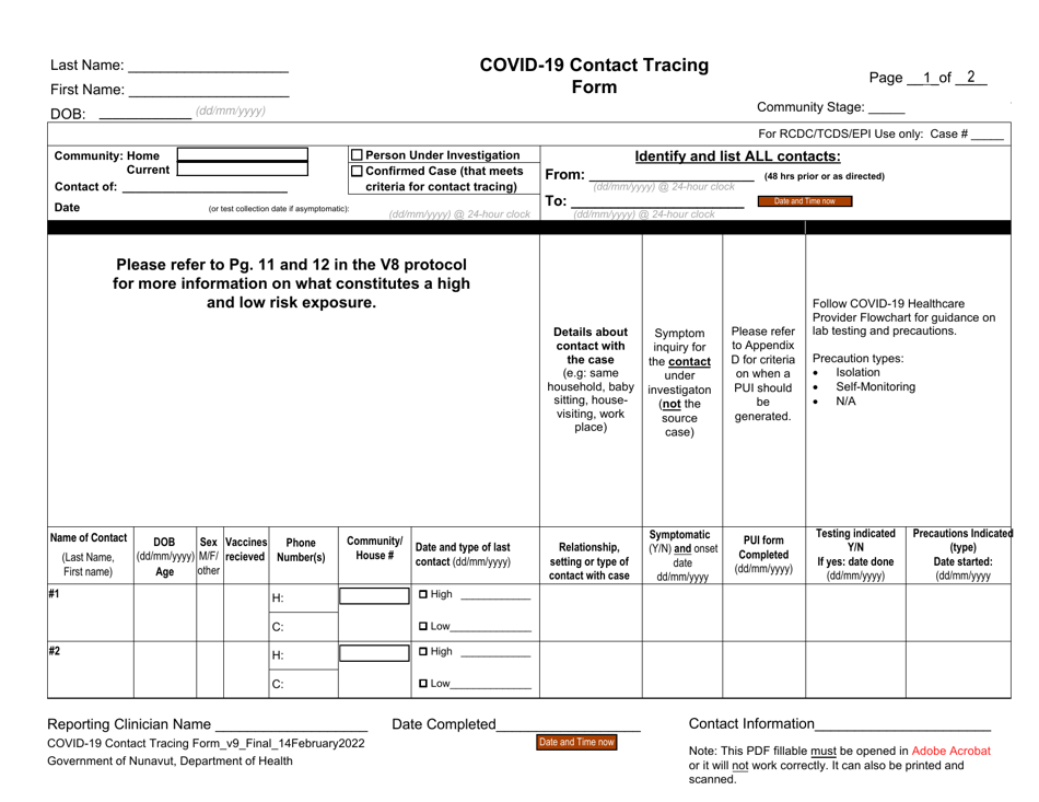 Covid-19 Contact Tracing Form - Nunavut, Canada, Page 1