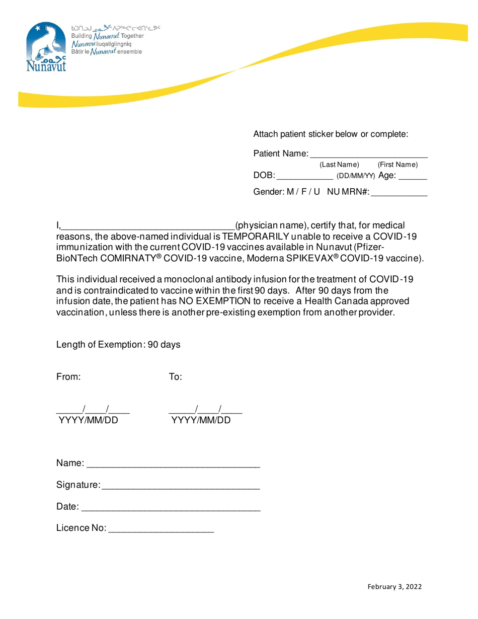 Vaccine Exemption Form for Sotrovimab - Nunavut, Canada, Page 1