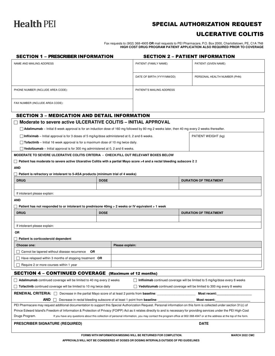Ulcerative Colitis Special Authorization Request Form - Prince Edward Island, Canada, Page 1