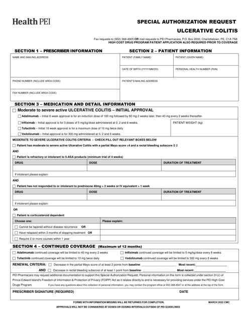 Ulcerative Colitis Special Authorization Request Form - Prince Edward Island, Canada Download Pdf