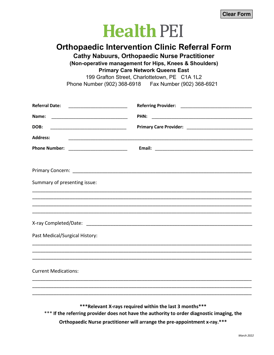 Orthopaedic Intervention Clinic Referral Form - Prince Edward Island, Canada, Page 1