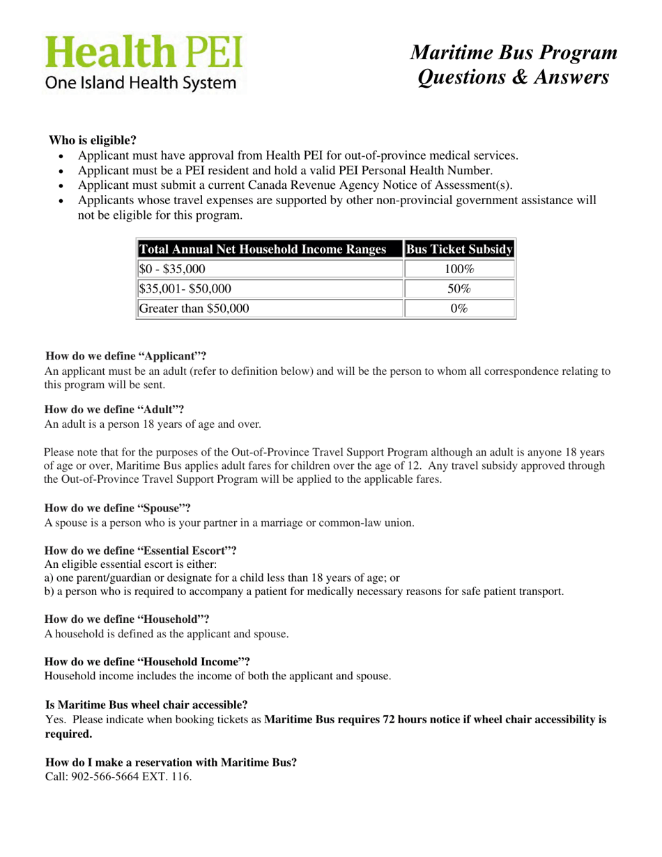 Maritime Bus Program Application Form - Prince Edward Island, Canada, Page 1