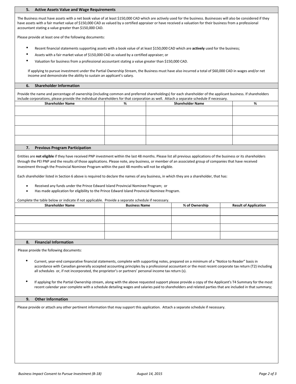 Business Impact Consent to Pursue Investment Form - Prince Edward Island, Canada, Page 2