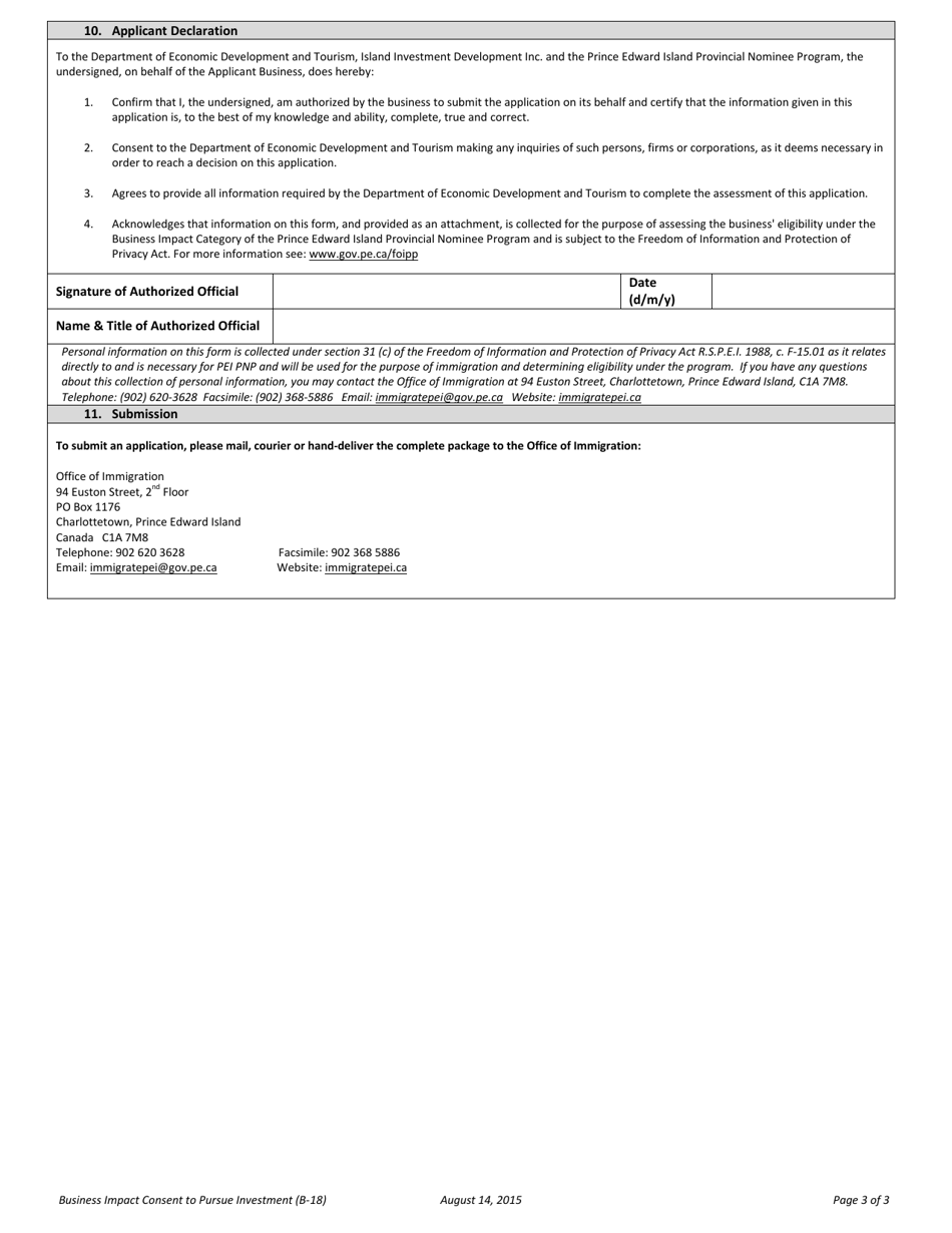 Business Impact Consent to Pursue Investment Form - Prince Edward Island, Canada, Page 3