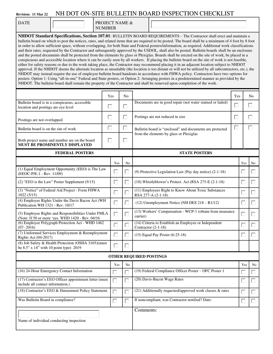 On-Site Bulletin Board Inspection Checklist - New Hampshire, Page 1