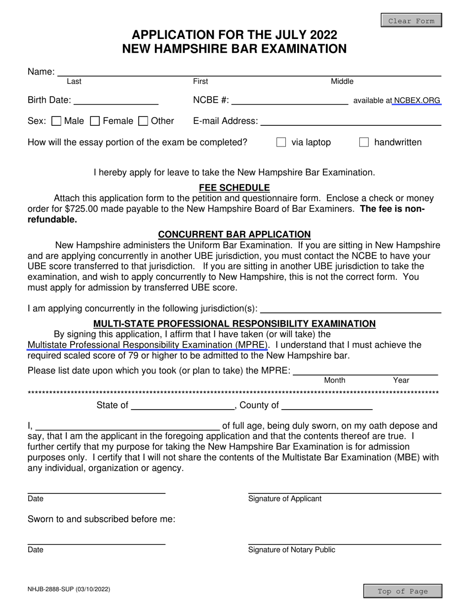 Form NHJB-2888-SUP Application for the New Hampshire Bar Examination - New Hampshire, Page 1