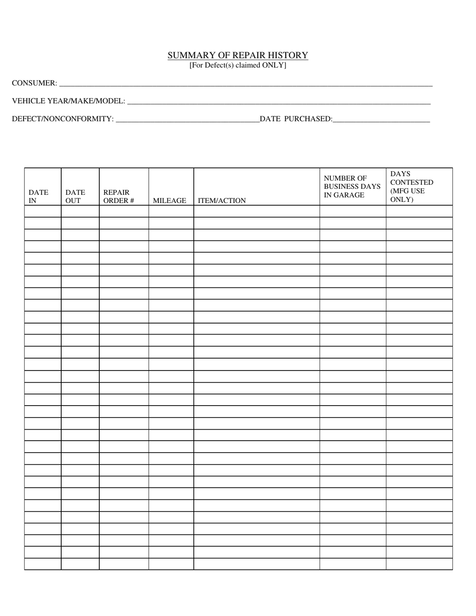 Summary of Repair History - New Hampshire, Page 1