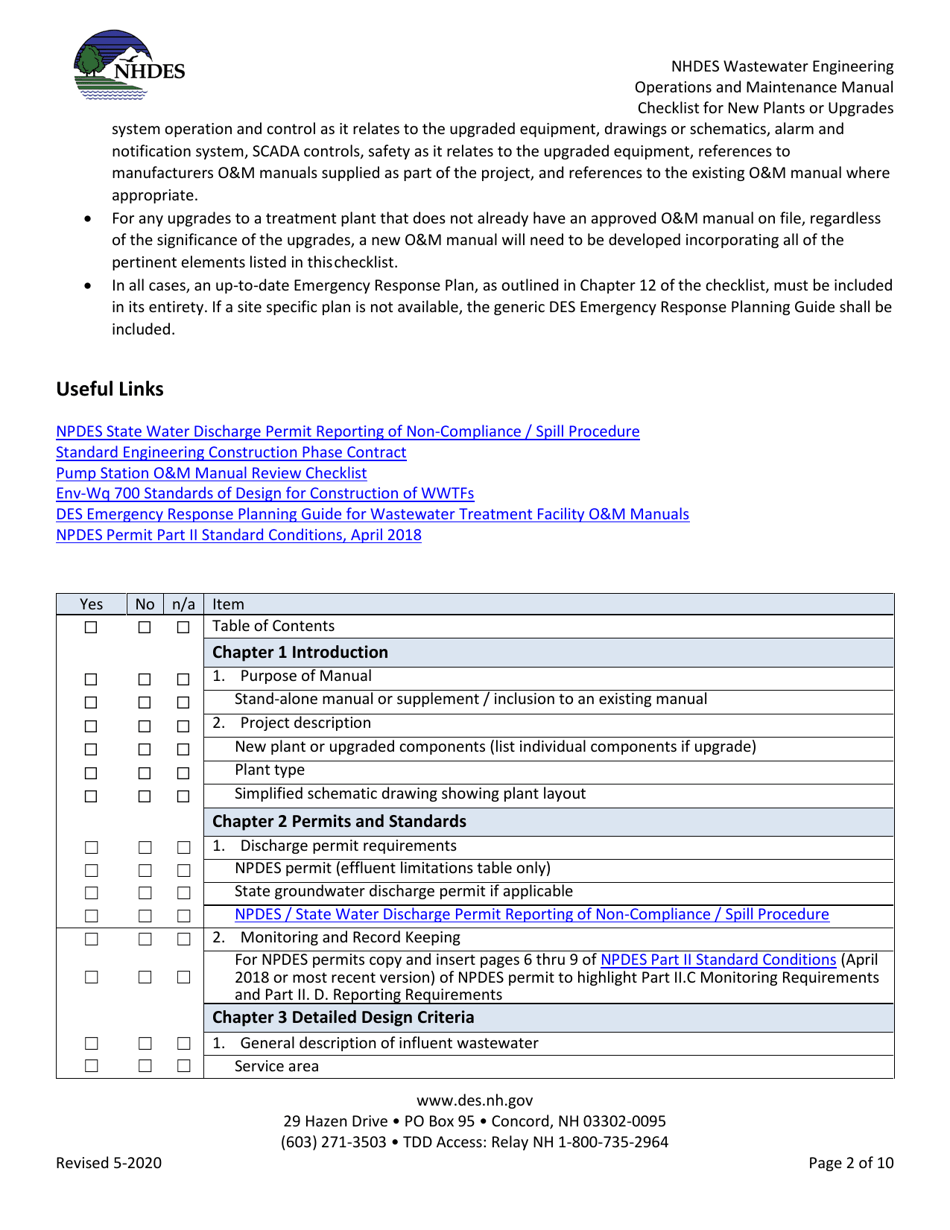 Wastewater Treatment Plant Operations and Maintenance Manual Checklist for New Plants or Upgrades - New Hampshire, Page 2