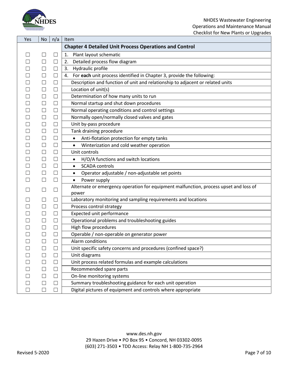 Wastewater Treatment Plant Operations and Maintenance Manual Checklist for New Plants or Upgrades - New Hampshire, Page 7