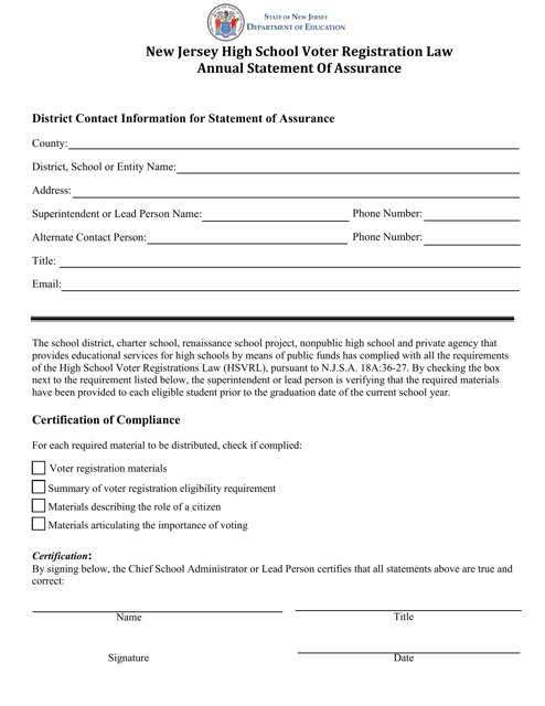 New Jersey High School Voter Registration Law Annual Statement of Assurance - New Jersey Download Pdf