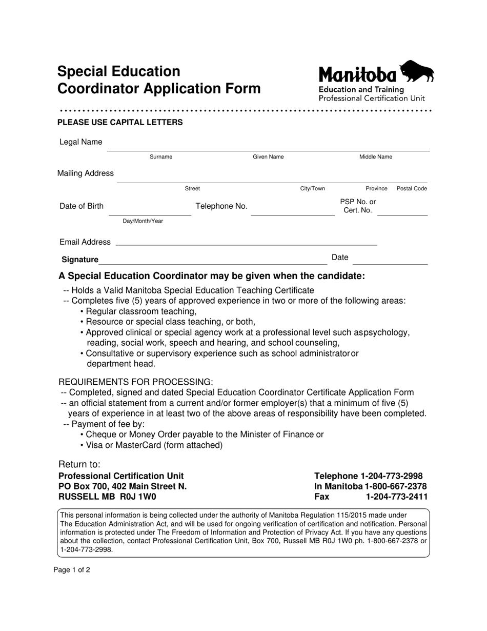 Special Education Coordinator Application Form - Manitoba, Canada, Page 1