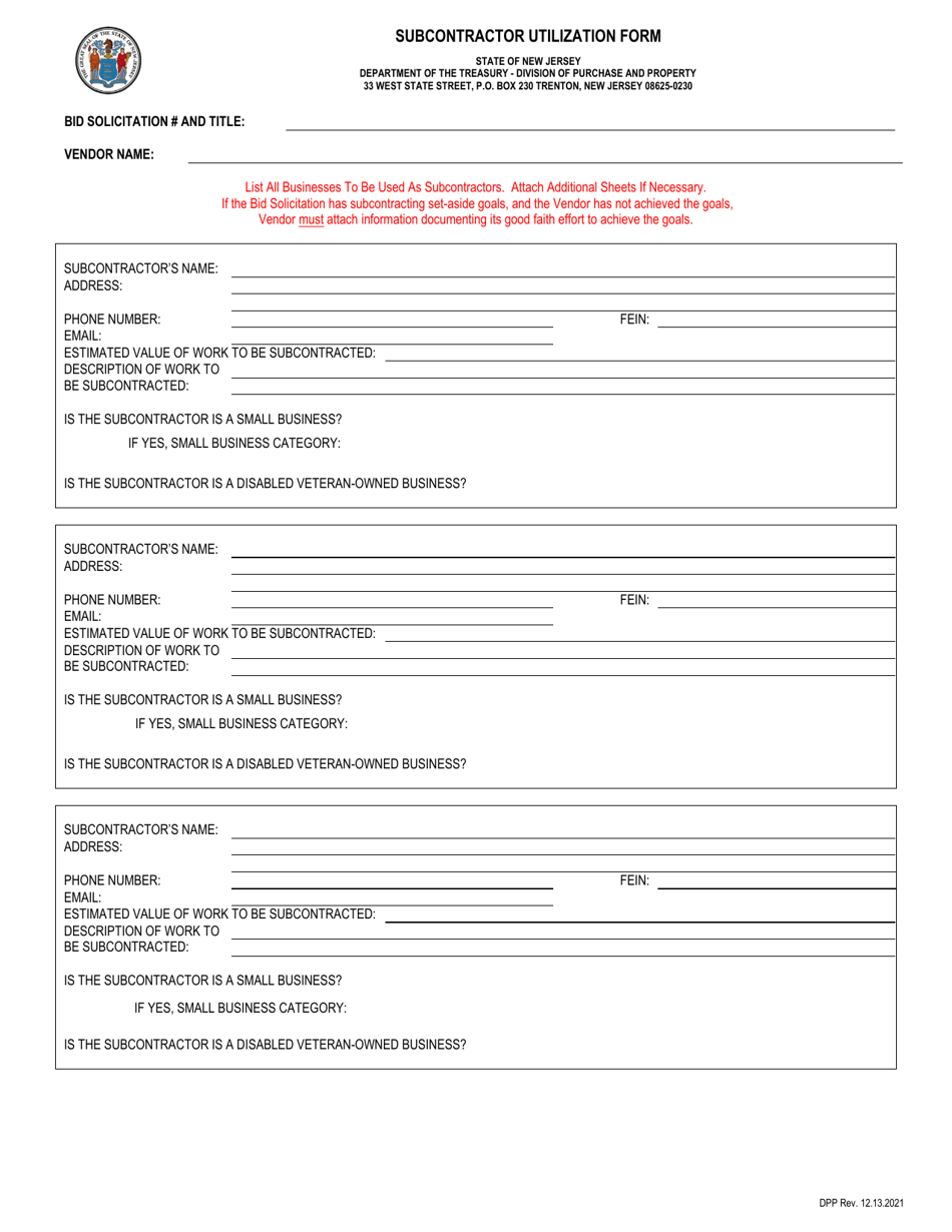 Subcontractor Utilization Form - New Jersey, Page 1
