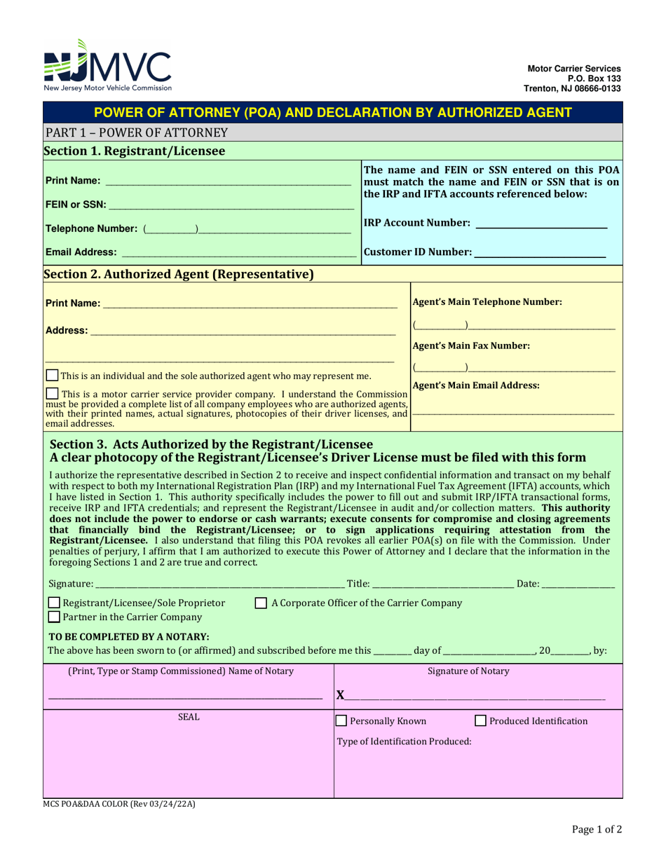Power of Attorney (Poa) and Declaration by Authorized Agent - New Jersey, Page 1