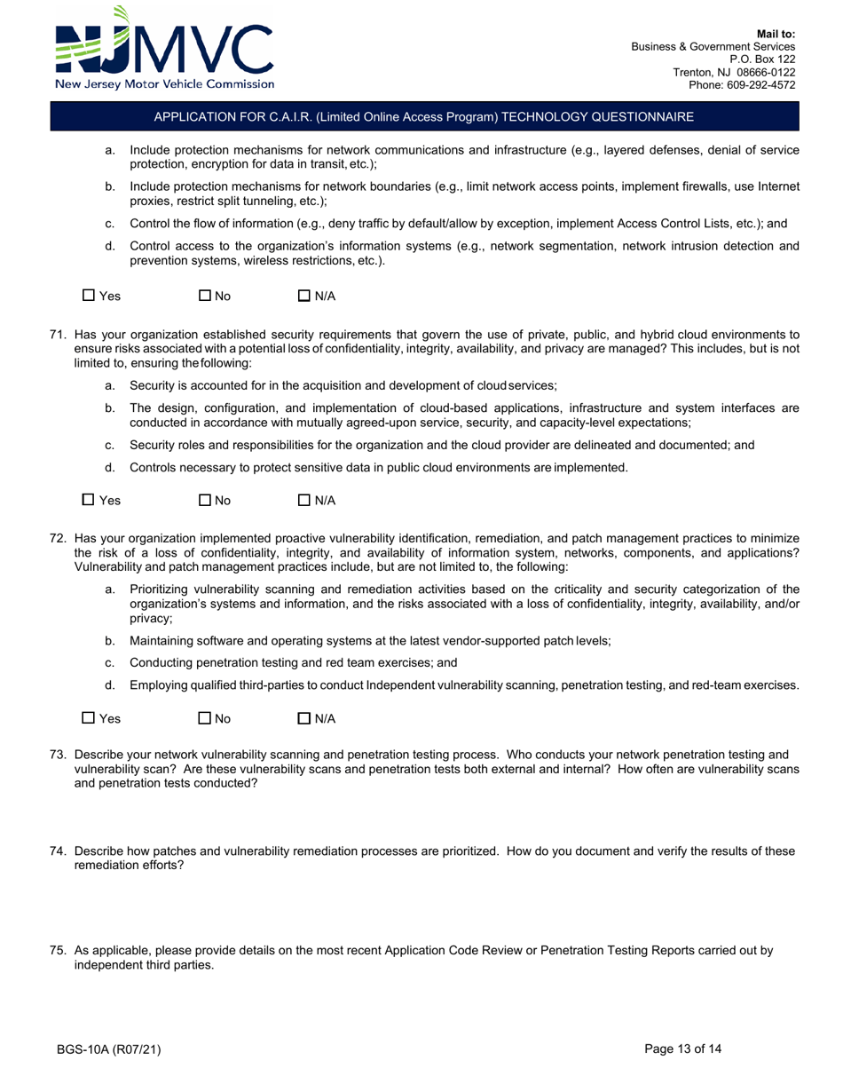 Form BGS-10A Application for C.a.i.r. (Limited Online Access Program) Technology Questionnaire - New Jersey, Page 13