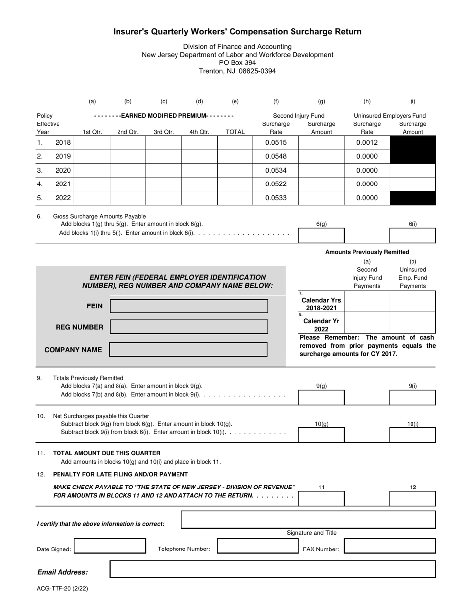 Form ACG-TTF-20 Insurers Quarterly Workers Compensation Surcharge Return - New Jersey, Page 1