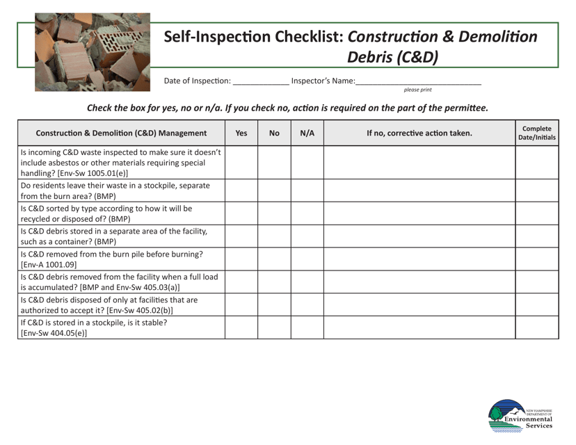 Document preview: Self-inspection Checklist: Construction & Demolition Debris (C&d) - New Hampshire