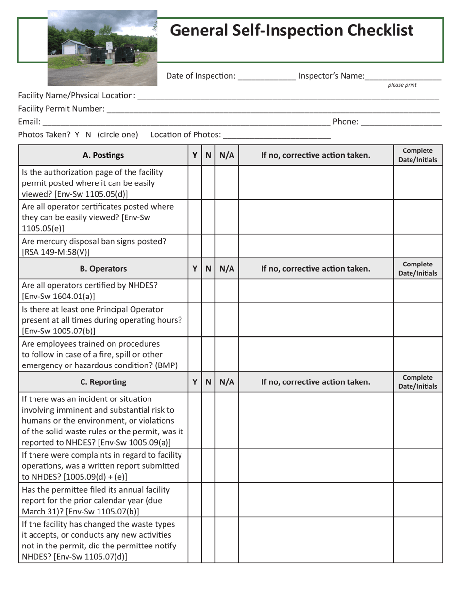 General Self-inspection Checklist - New Hampshire, Page 1