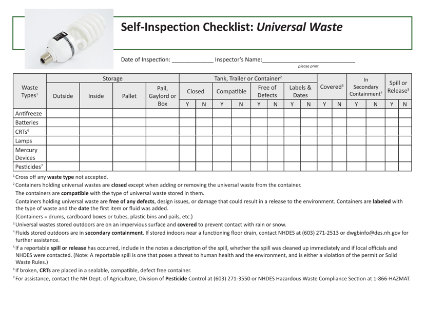 Self-inspection Checklist: Universal Waste - New Hampshire Download Pdf