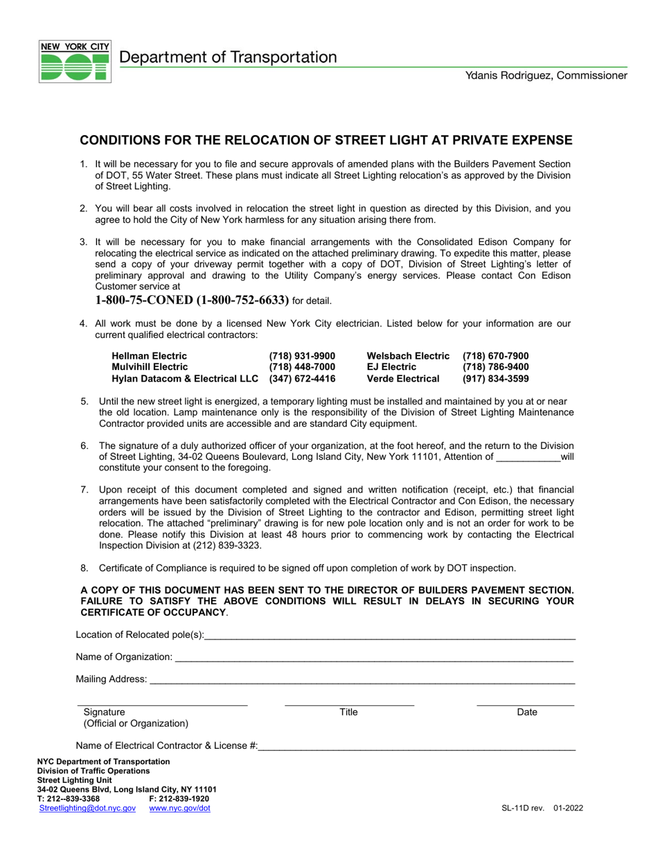 Form SL-11D Conditions for the Relocation of Street Light at Private Expense - New York City, Page 1