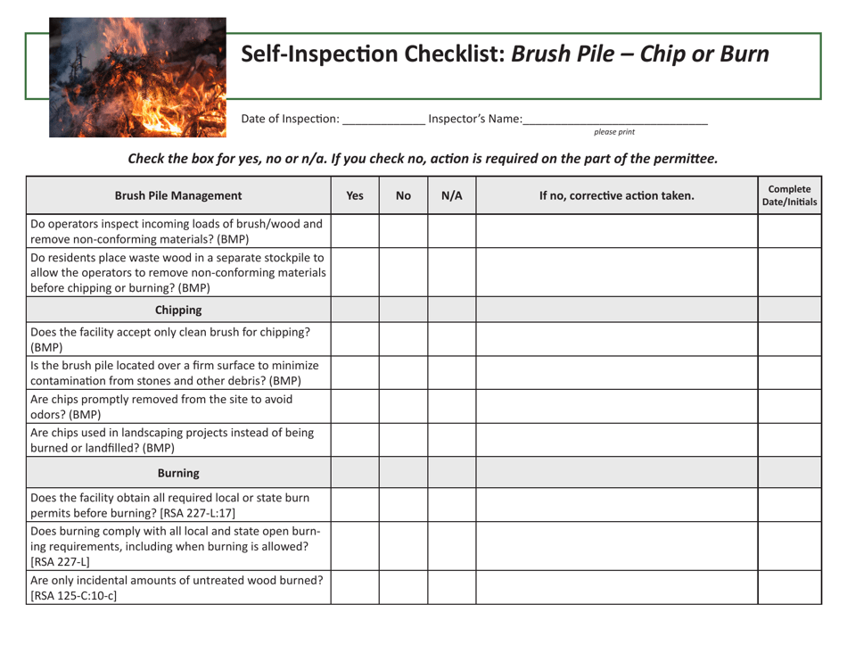Self-inspection Checklist: Brush Pile - Chip or Burn - New Hampshire, Page 1