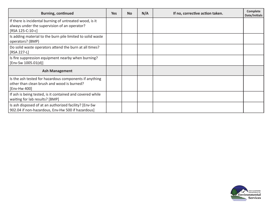 New Hampshire Self-inspection Checklist: Brush Pile - Chip or Burn ...