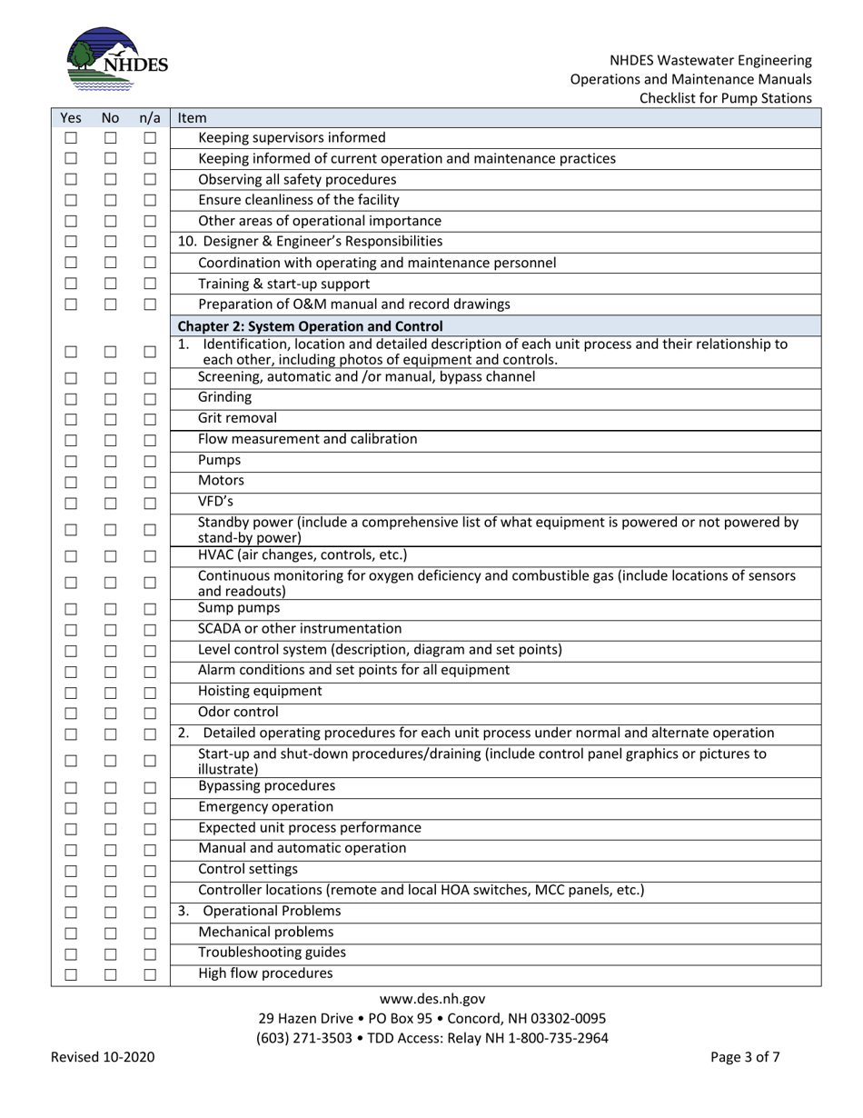 Nhdes Wastewater Engineering Operations and Maintenance Manuals Review Checklist for Pump Stations - New Hampshire, Page 3