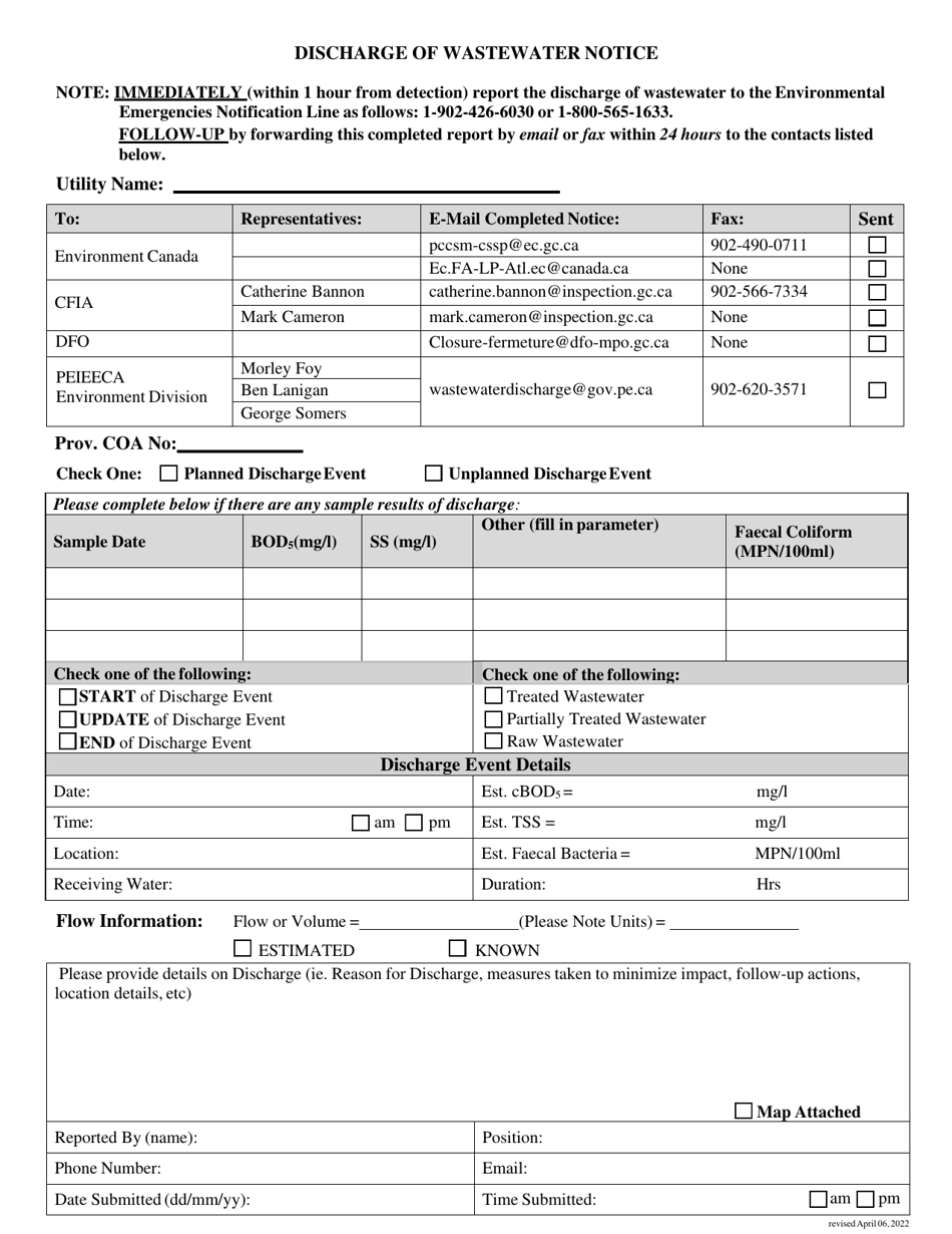 Prince Edward Island Canada Discharge of Wastewater Notice - Fill Out ...