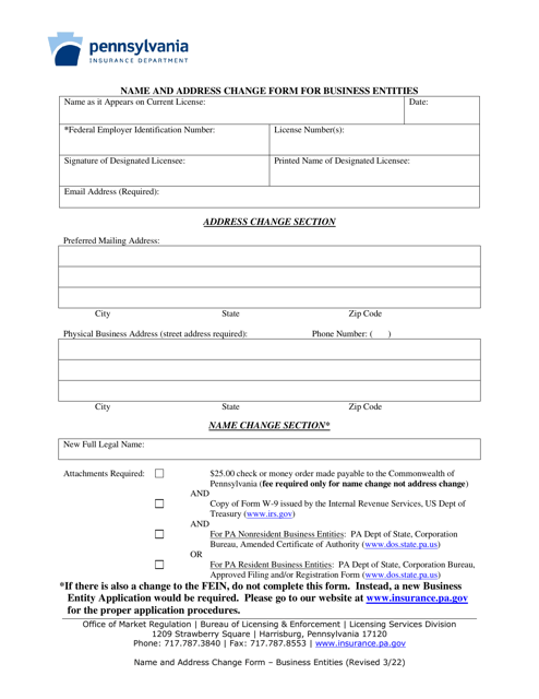 Name and Address Change Form for Business Entities - Pennsylvania Download Pdf
