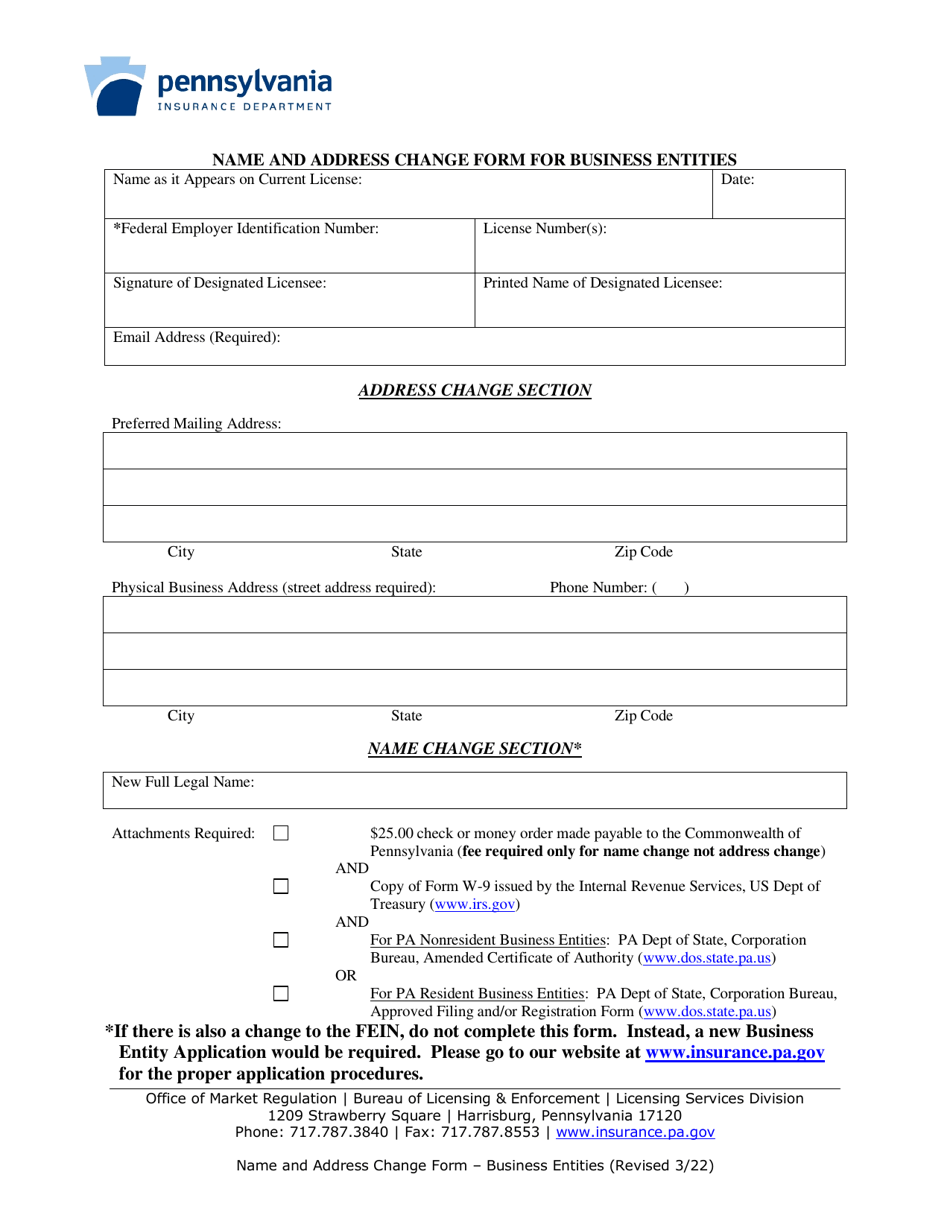 Name and Address Change Form for Business Entities - Pennsylvania, Page 1