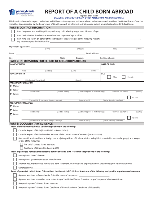 Form HD002001 Report of a Child Born Abroad - Pennsylvania