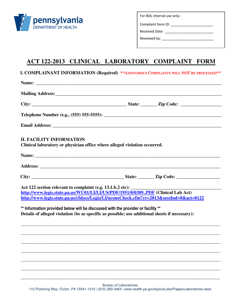Act 122-2013 Clinical Laboratory Complaint Form - Pennsylvania, Page 1