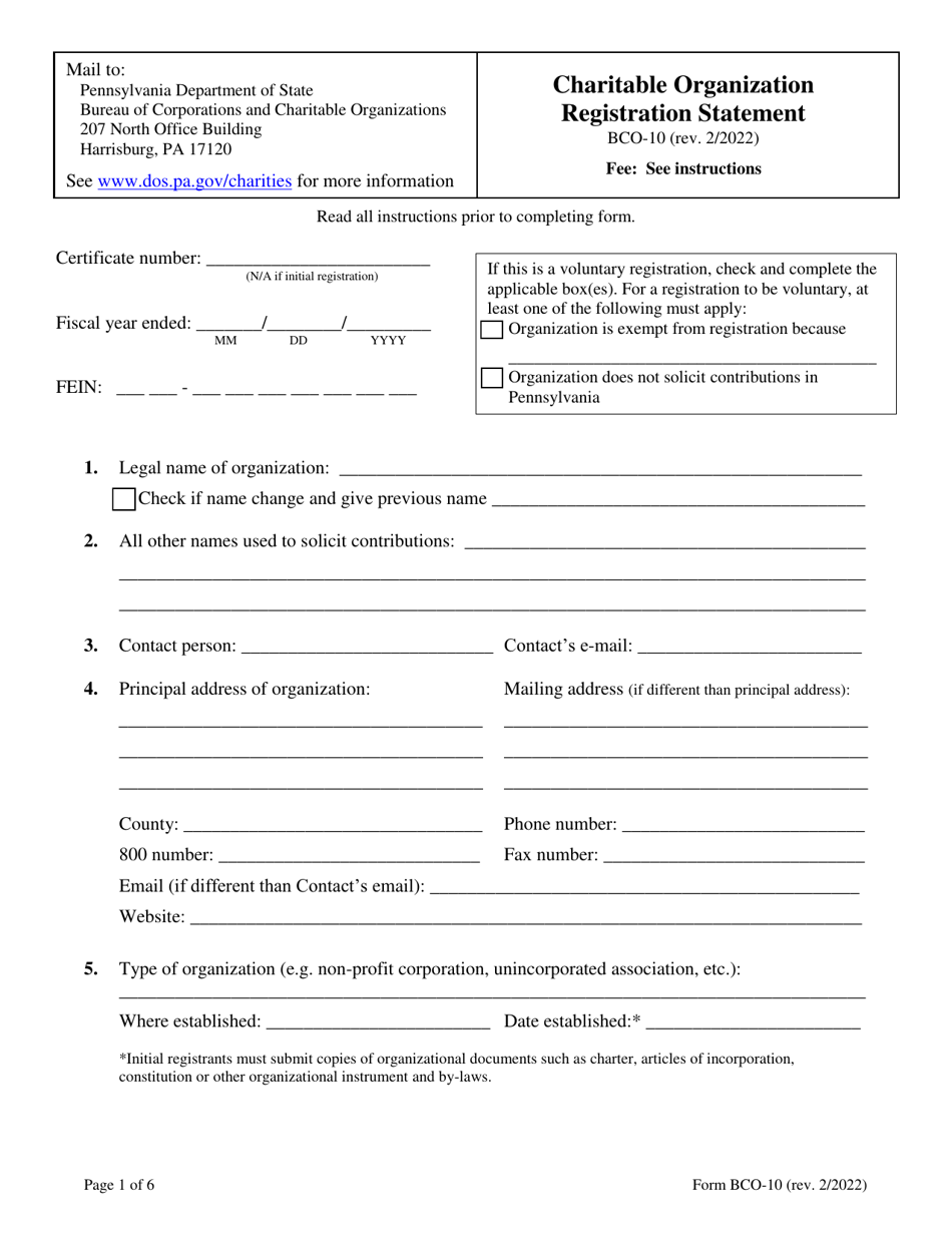 Form BCO-10 Charitable Organization Registration Statement - Pennsylvania, Page 1